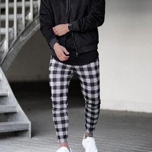 Men’s Plaid Check Slim Fit Pants XL Black White Streetwear Tapered AHA Selected